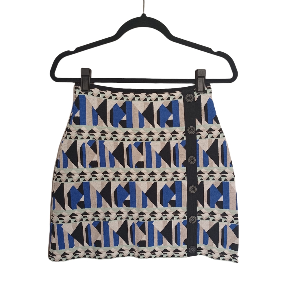 RACHEL RACHEL ROY Blue Tan Black Geometric Print Knit Mini Bodycon Skirt Small